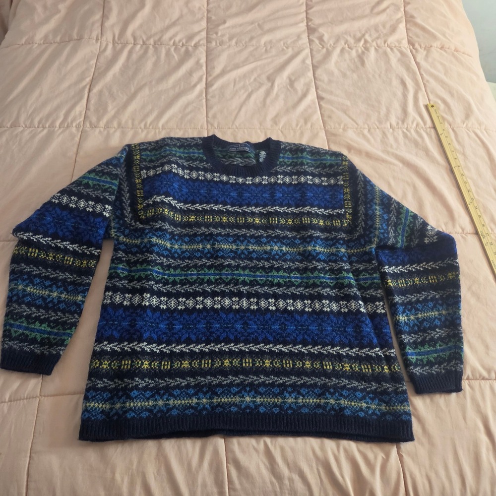 John Ashford Vintage Pure New Wool Fair Isle Crewneck Sweater Blue Green XL